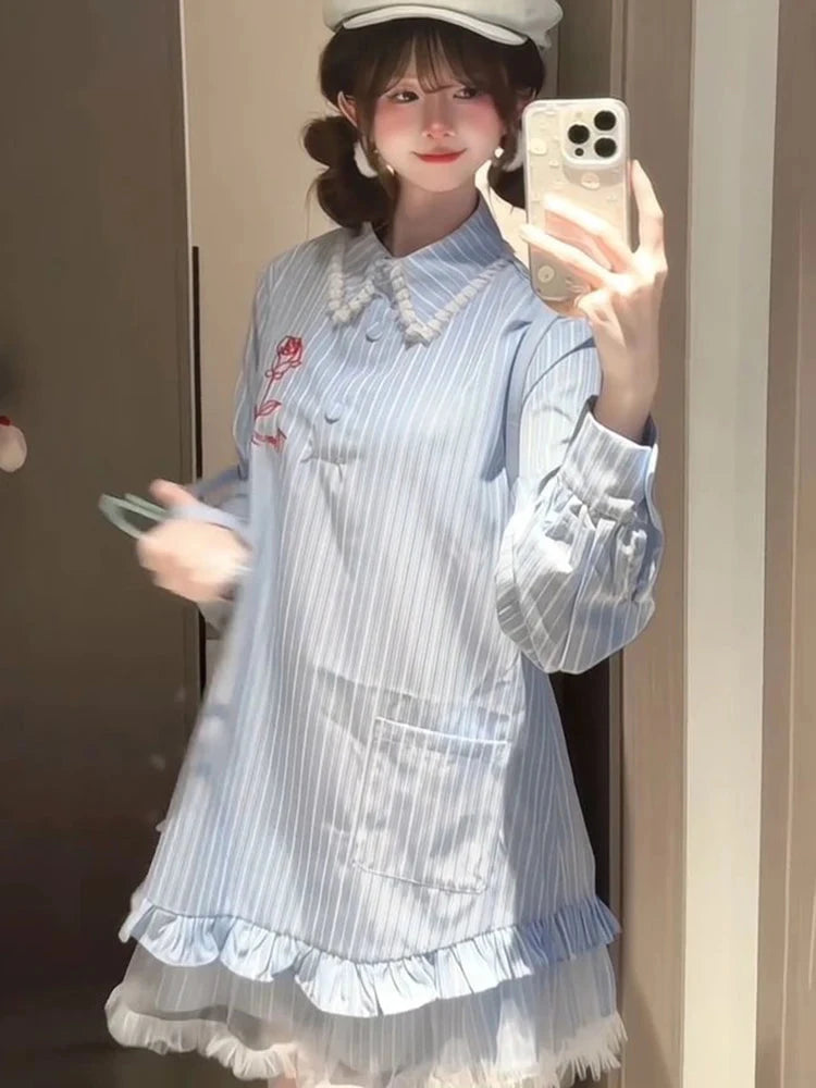 Lace Patchwork Striped Dress Women Sweet Floral Embroidery Mini Dress Fall Preppy Style Long Sleeve Cute Korean A Line Dress New voguable