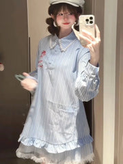 Lace Patchwork Striped Dress Women Sweet Floral Embroidery Mini Dress Fall Preppy Style Long Sleeve Cute Korean A Line Dress New voguable