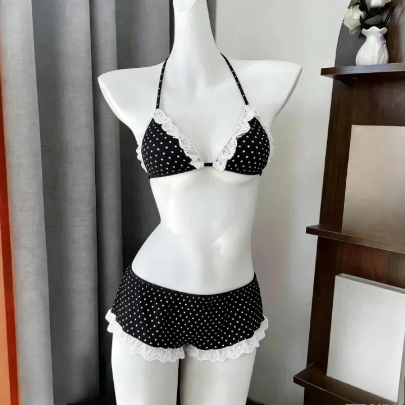 Voguable  Japanese Style Kawaii Girls Swimsuit Sweet Printed Halter Bikini Swimsuit Women Ruffle Bikini Set Bather Bathing Suit Swim voguable
