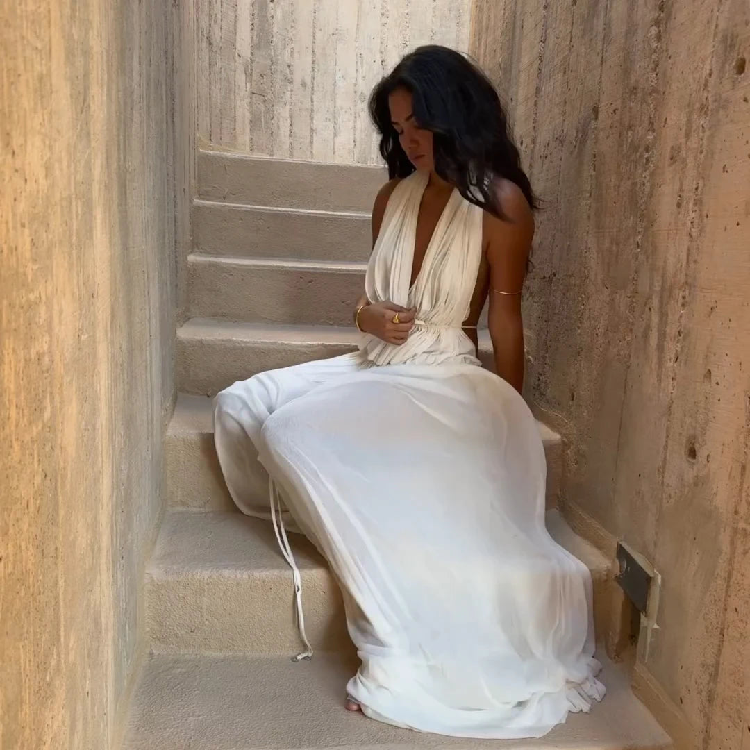 3Pcs White Swimsuit Women Sexy Swimwear Female Halter Bikini Push Up Biquini Long Skirt Deep V Bathingsuit Bodysuit Beachwear voguable