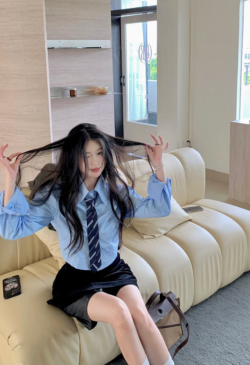 Streetwear Tie Shirts Women Preppy Jk White Long Sleeve Crop Tops Student Korean College Slim Blouses Spring Autumn New voguable