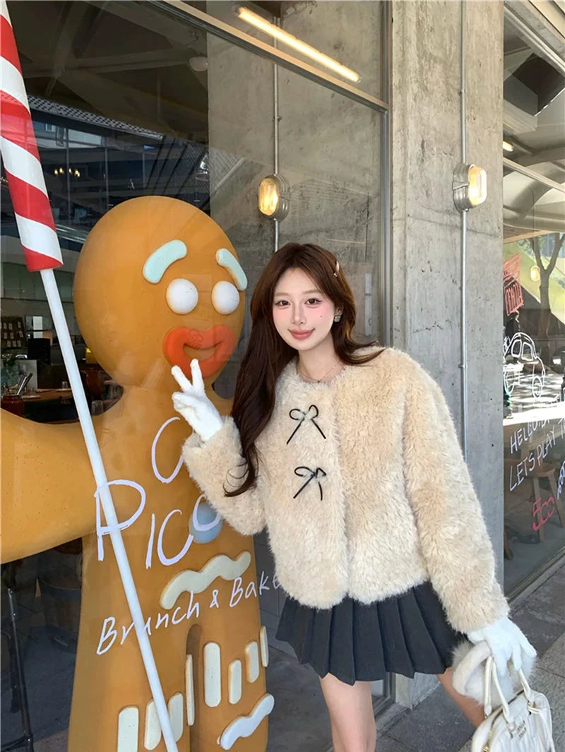 Cute Bow Faux Lamb Coat Women Sweet Winter Long Sleeve O Neck Jacket Slim Warm Korean Female Fashion Preppy Style Outwear Tops voguable