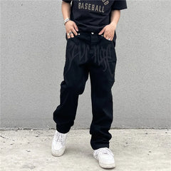 Y2K Black Baggy Jeans Men's New Streetwear American Retro Printed Letter Pants Straight Hip-hop Loose Denim Trousers voguable