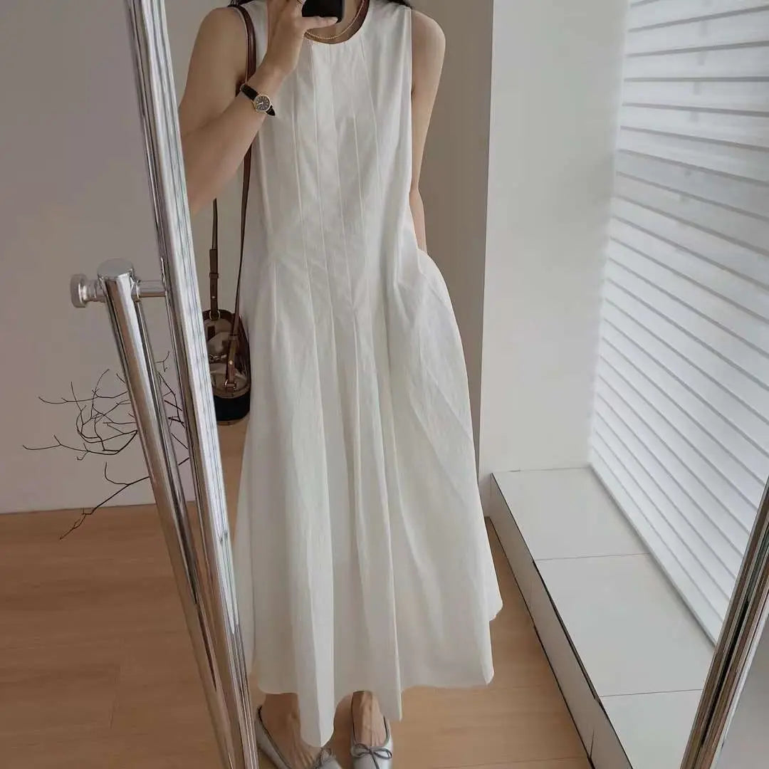Voguable Women Casual Sleeveless Round Neck Solid Color Dresses 2023 Summer Japan Style Loose Fit High Waist Camisole Elegant Dress voguable