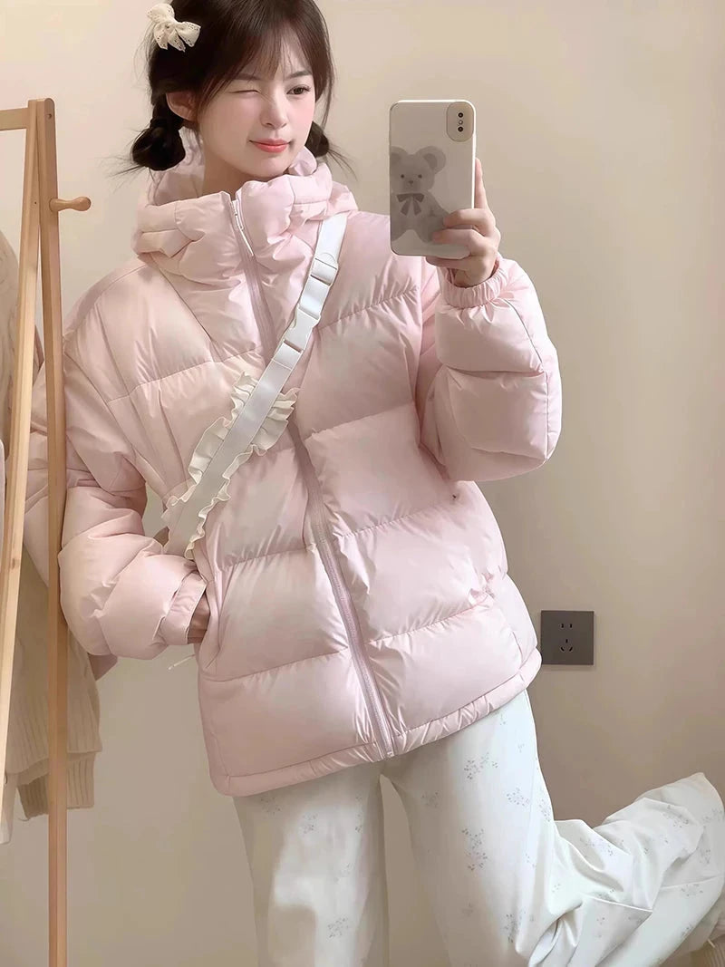 Zoki Winter Cute Pink Puffy Parkas Women Warm Thick Long Sleeve Sweet Cotton Coat Casual Stand Collar Preppy Style Korean Jacket voguable