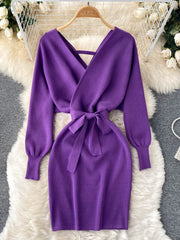 Fashion Y2K Casual Vestidos Women Dress  Autumn Winter Bodycon Knitted Sweater Dress Elegant  Office Ladies Dress