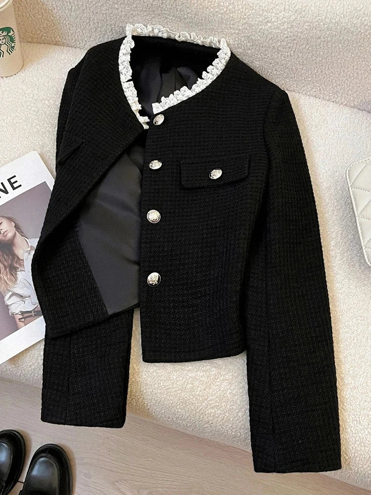 Black Slim Elegant Tweed Jacket Women Vintage Lace Patchwork Long Sleeve Sweet Coat Fall Winter French Casual Retro Tops voguable