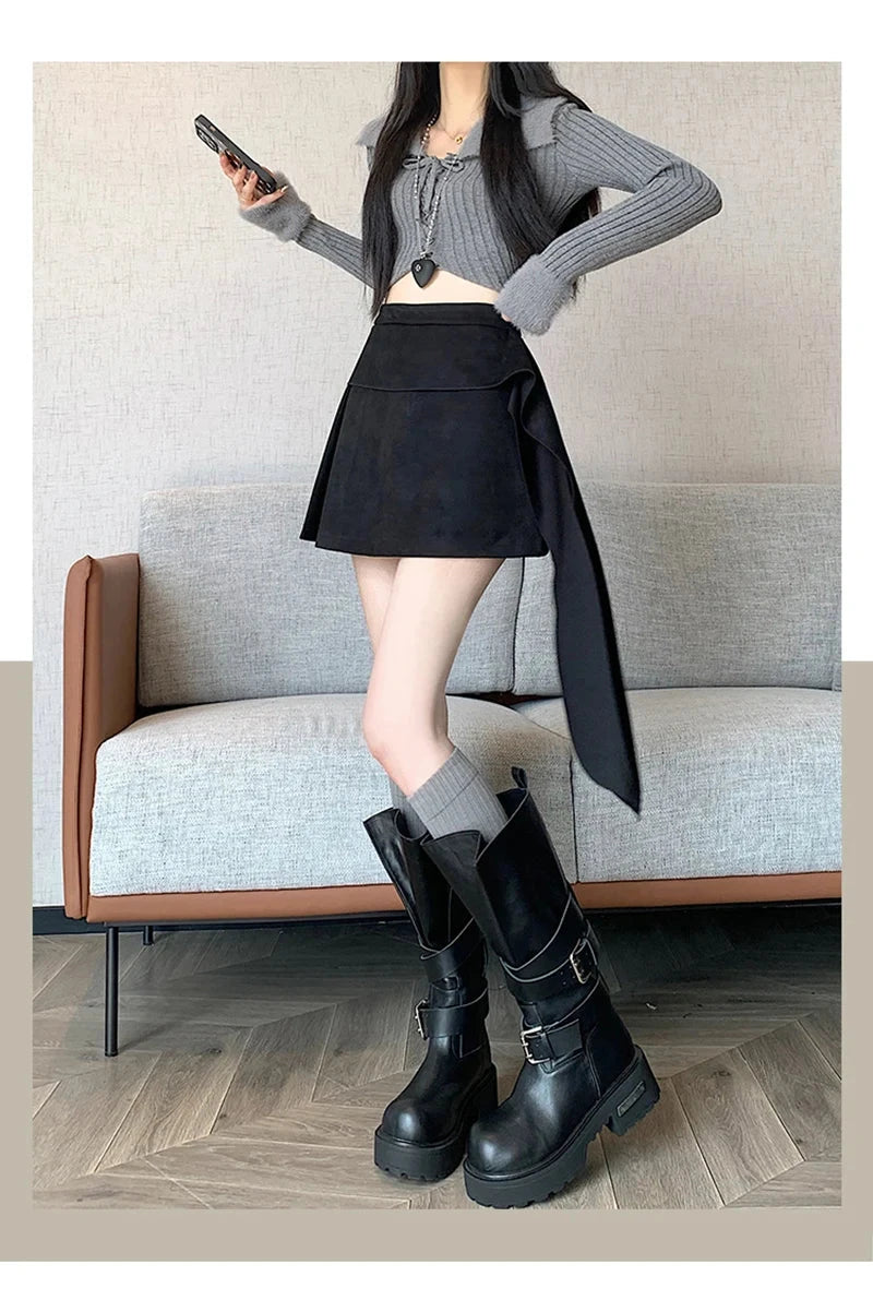 Sexy Slim Faux Suede Skirt Women High Waist Streetwear Vintage Bow Mini Skirts Fall Winter Casual American A Line Skirt New voguable
