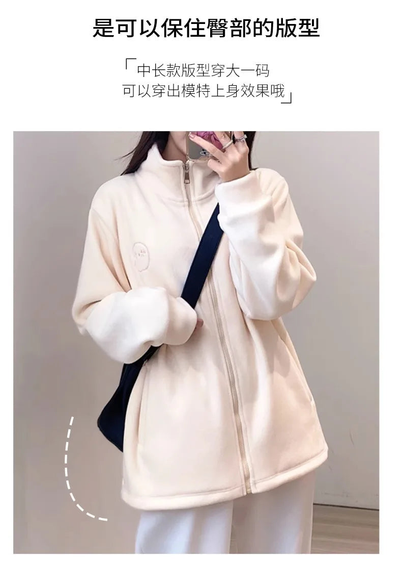 Women Zip Hoodie Thicken Fuzzy Fleece Sweatshirts Lamb Wool Zipper Thickened Oversize White Stand Collar Coats Soft Outerwear voguable