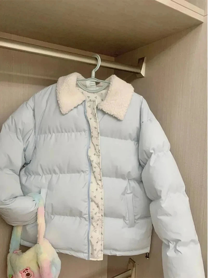 Blue Floral Patchwork Parkas Women Korean Sweet Winter Warm Puffy Coat Casual Long Sleeve Loose Preppy Style Cotton Jacket voguable