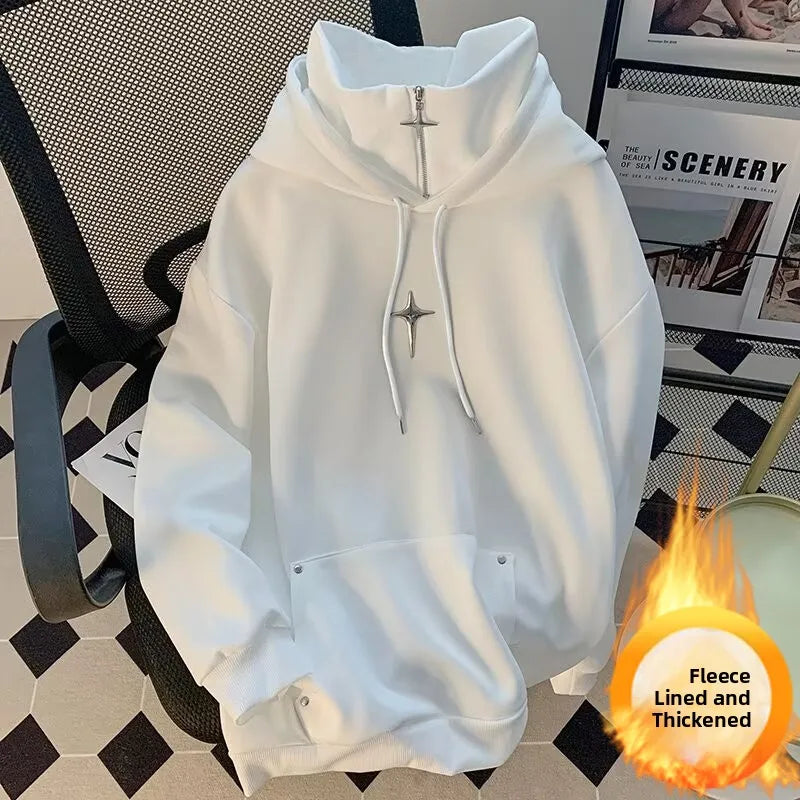 Voguable  Autumn Winter High Neck Hoodie Men Casual Trendy Sporty Japanese Retro Cool Teenage Fashionable Jacket Loose Fit Hooded voguable