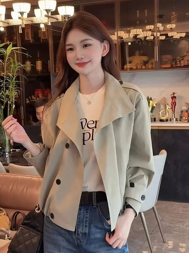 England Stand Collar Jacket Women Loose Long Sleeve Vintage Short Coat Fall Causal Double Breasted Lady Elegant Design Tops voguable