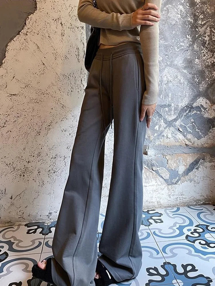 Streetwear Slim Flare Pant Women Sexy Low Waist Fall Vintage Wide Leg Trousers Casual American Lace Up Female Retro Black Pants voguable