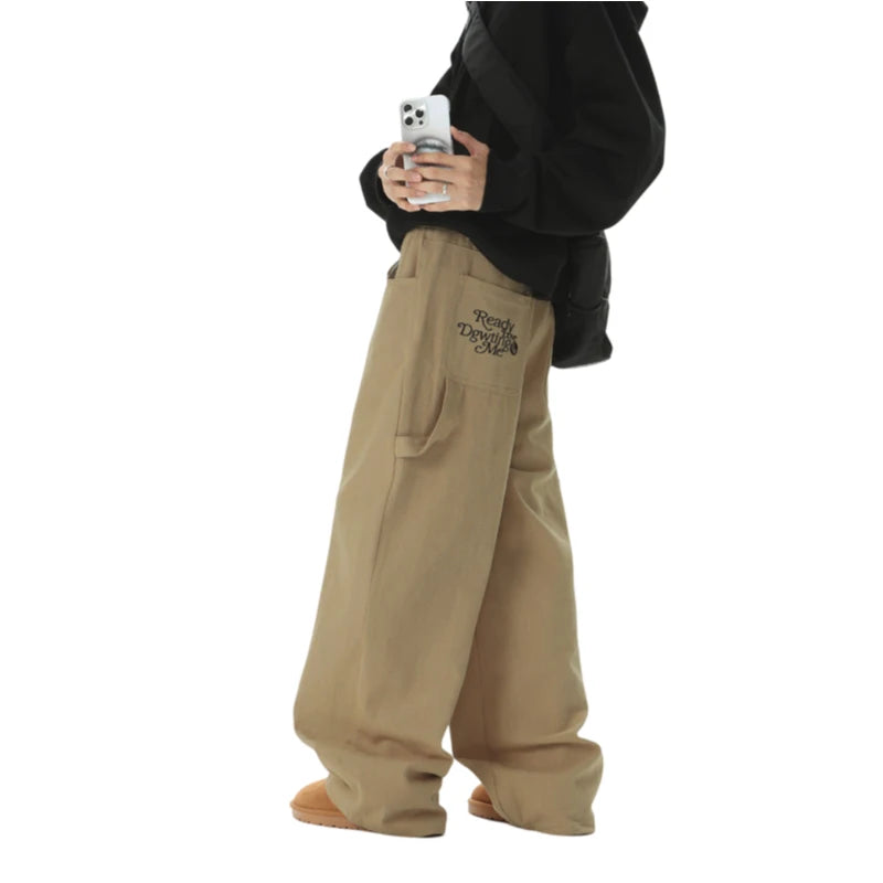 American Style Wide Leg Straight Cargo Pants Letter Printed Men's Baggy Casual Fashion Overalls Streetwear Male Mopping Trousers