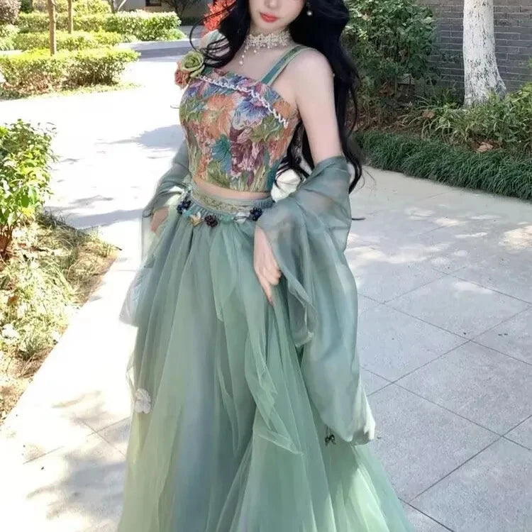Voguable  Vintage Strap Floral Vest Two-Piece Women's Improved Hanfu New Summer Suit Fashion Chic Y2K Sliming Sweet Suits Skirt voguable