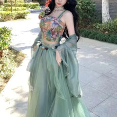 Voguable  Vintage Strap Floral Vest Two-Piece Women's Improved Hanfu New Summer Suit Fashion Chic Y2K Sliming Sweet Suits Skirt voguable