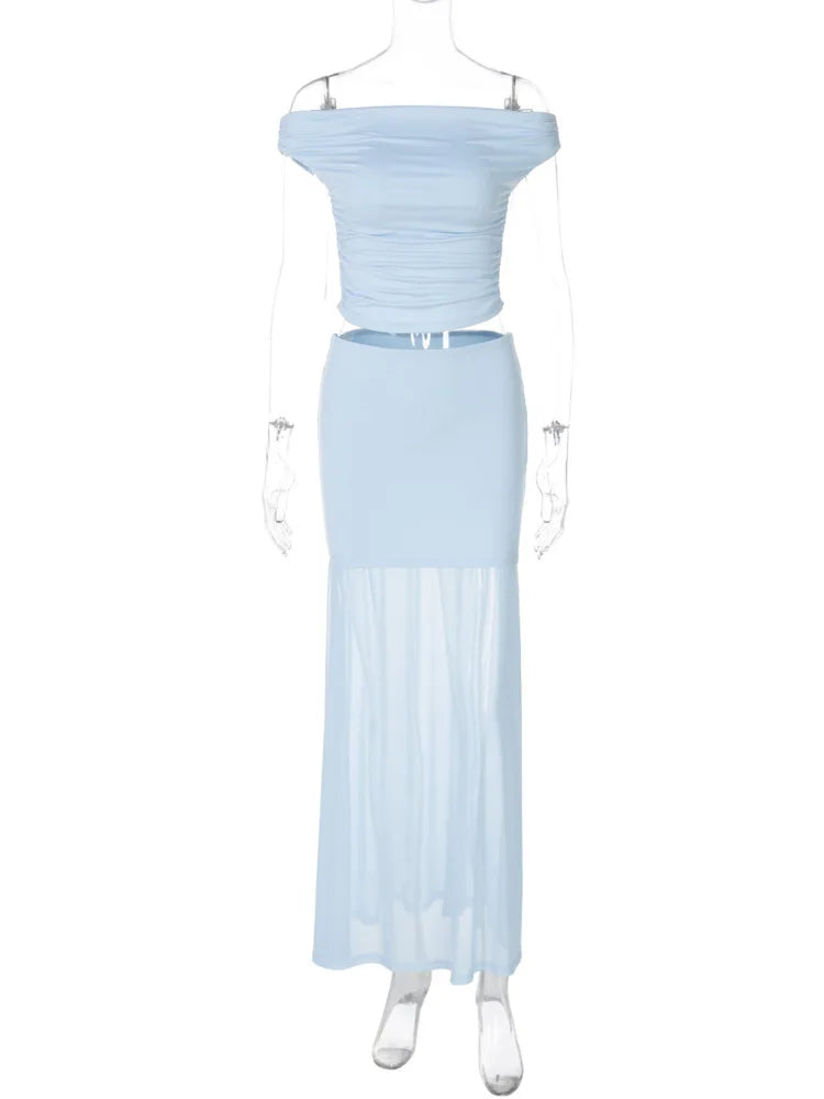 Blue Mesh Sexy Skirt Two Piece Sets Women Strapless Crop Tops And Maxi Skirt Ladies Fashion Elegant 2 Piece Sets voguable