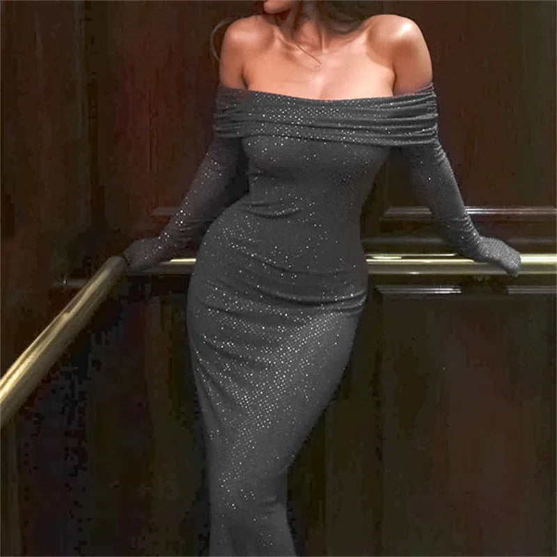 Voguable  Elegant Flare Sleeve Sequins Banquet Party Maxi Dress Off Shoulder Slim Fit Pleated Autumn Winter Fashion Temperament Vestidos voguable