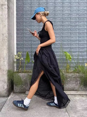 YENKYE Women Sexy Ruched Chest Corset Style Sling Long Dress Low Waist Sleeveless Female Holiday Summer Robe voguable