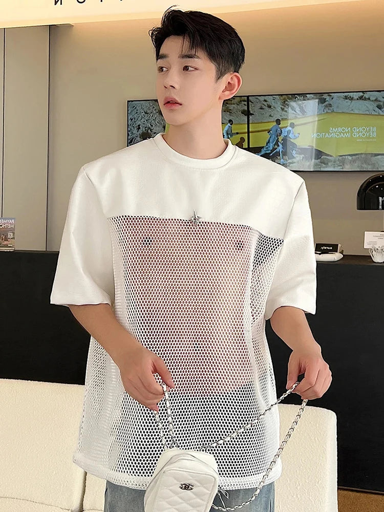 Voguable  Hollow Out Mesh Splicing Design T-shirt Short Sleeve Men's 2024 Summer Street High Quality Solid Color Trendy Tops voguable