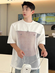 Voguable  Hollow Out Mesh Splicing Design T-shirt Short Sleeve Men's 2024 Summer Street High Quality Solid Color Trendy Tops voguable