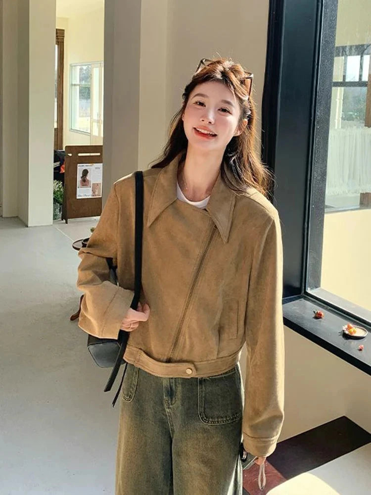 Retro Biker Faux Suede Jacket Women Fall Casual Long Sleeve Slim Short Coat Streetwear American Hip Hop Harajuku Tops New voguable