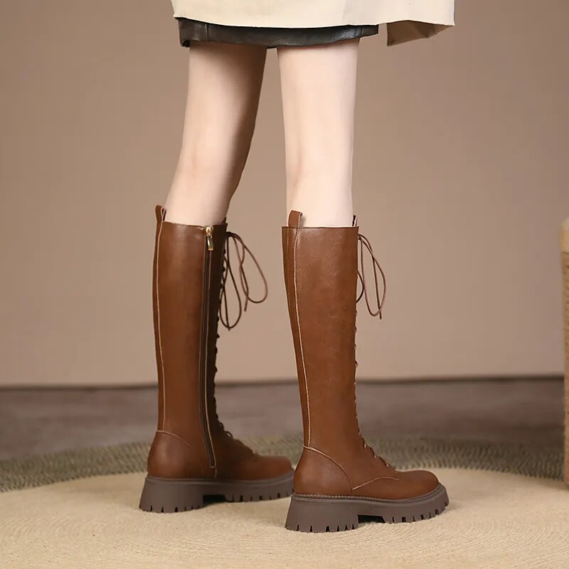 New Genuine Leather Lace-up Boots Women Zip Fashion Knee High Boots Thick Fur Winter Warm Motorcycle Boots Platform Boots voguable