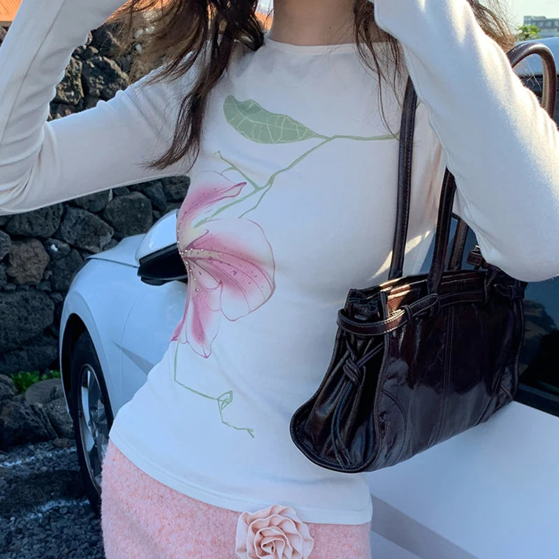 Fairy Coquette Top Women y2k Clothing Rhinestone Floral Print Round Neck Long Sleeve T Shirts 2000s Clothes Streetwear voguable