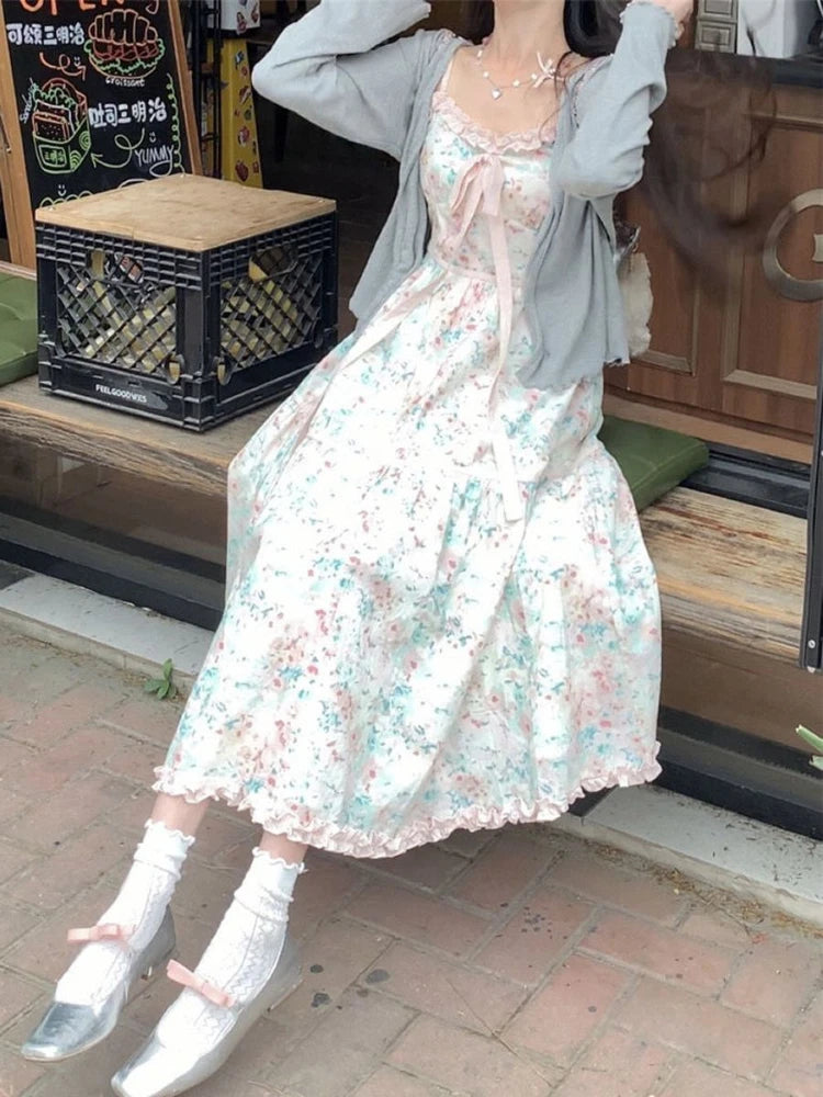 2024 Summer New Japanese Kawaii Y2k Midi Dress Women Casual Sweet Bow Splicing Flower Print Dress Korean Fashion Evening Party voguable