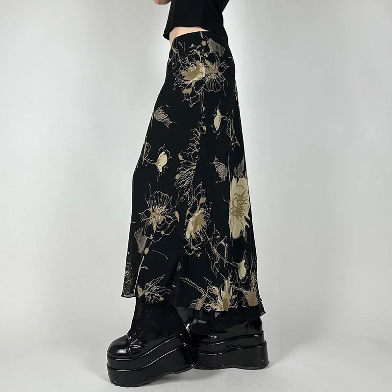 Vintage Floral Print Low Rise Long Skirt Streetwear 90s Slim-fitting Women's Skirts Harajuku y2k Aesthetic Ladies Bottoms voguable