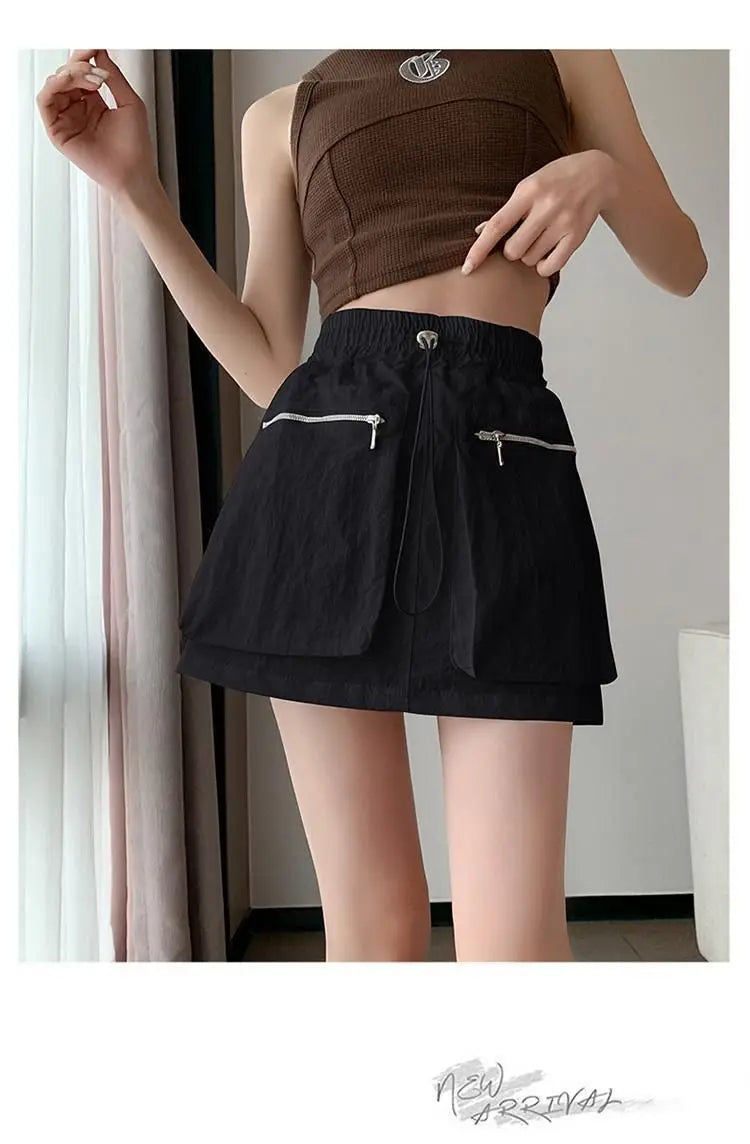 High Waist Drawstring Summer Women Short A Line Skirt Vintage Casual Cargo Big Zipper Pocket Skirt with Safety Shorts Hip Skirts voguable