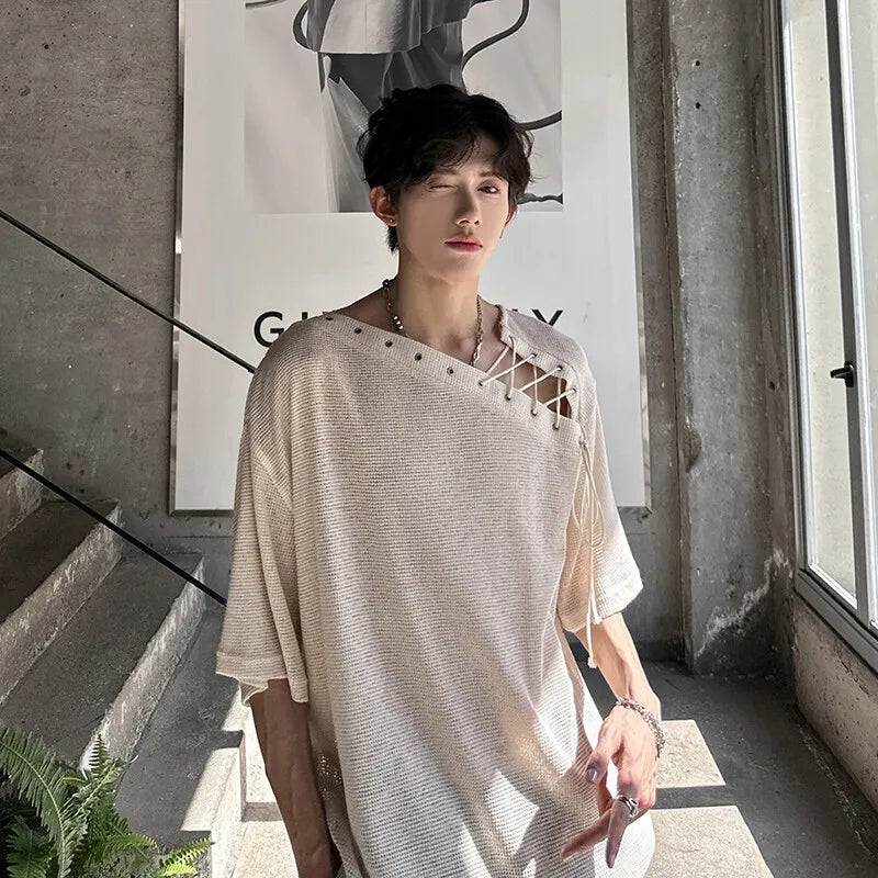 Korean Style Men's T-shirts Short Sleeve Casual Lace-up Design Solid Color Tees Hollow Out Loose Male Tops Summer 9W3719 voguable
