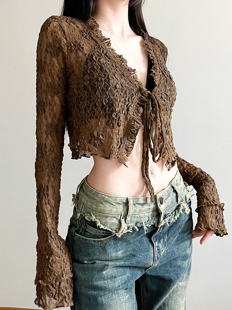 Voguable Brown Vintage Lace V-neck Tie-up Shirts for Women y2k Aesthetic Sweet Long Sleeve Crop Top Casual T Shirt Korean Style voguable