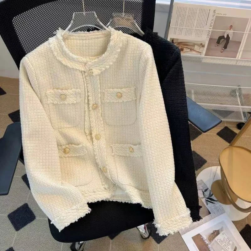 Fashion Tweed Jacket Women Winter Thick Warm Single Breasted O Neck Coats Korean Elegant Office Lady All Match Outwear Mujer New voguable