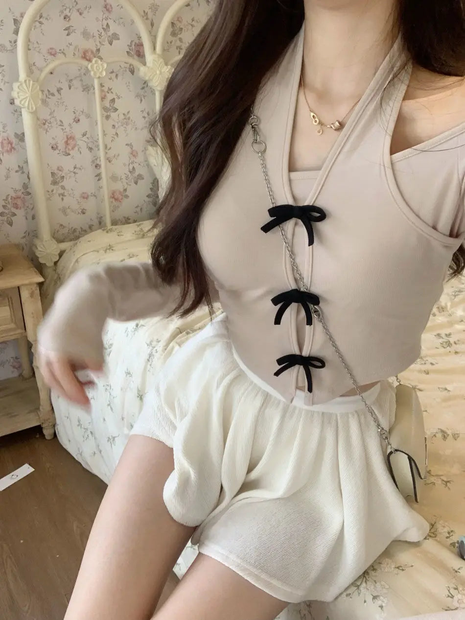 Voguable Coqutte Off The Shoulder Tops Fake 2pcs Hotsweet Solid Color Collar Halter Kpop Slim T Shirt Long Sleeve Basic Shirts. voguable