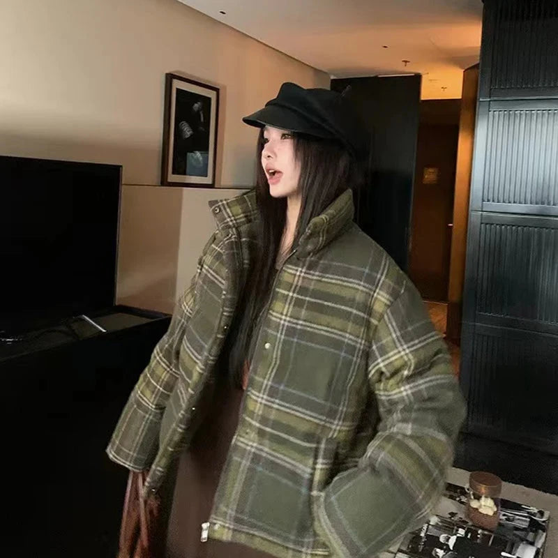 Retro Streetwear Y2K Plaid Parkas Women Winter Warm Thick Hip Hop Cotton Coat American Harajuku Stand Collar Bf Vintage Jacket voguable