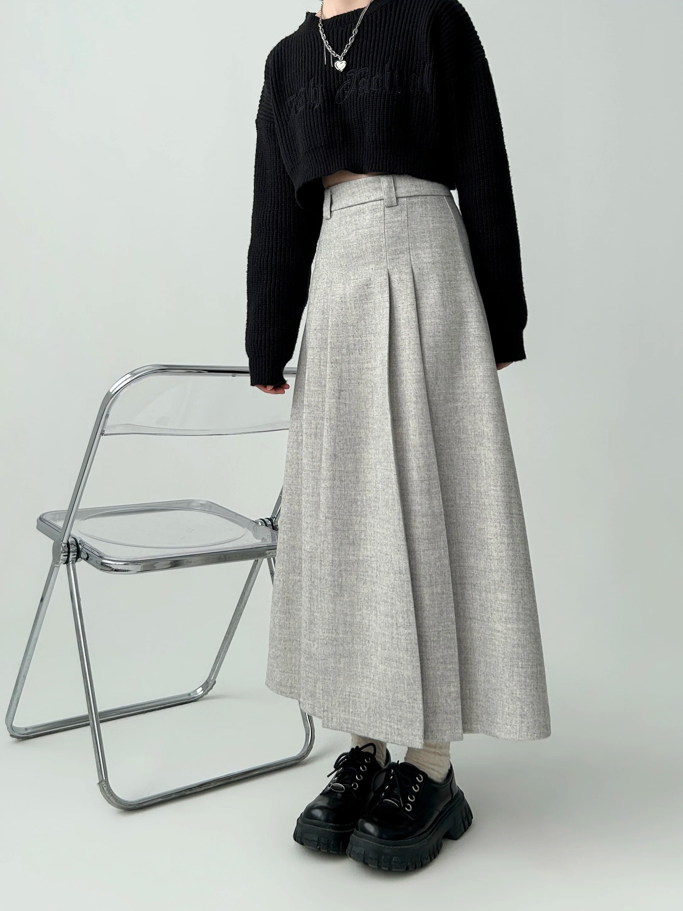 Women's A-line Black Pleated Skirt Vintage 90s Aesthetic Y2k Grey Long Skirt Harajuku Korean Skirts 2000s Clothes 2024 voguable