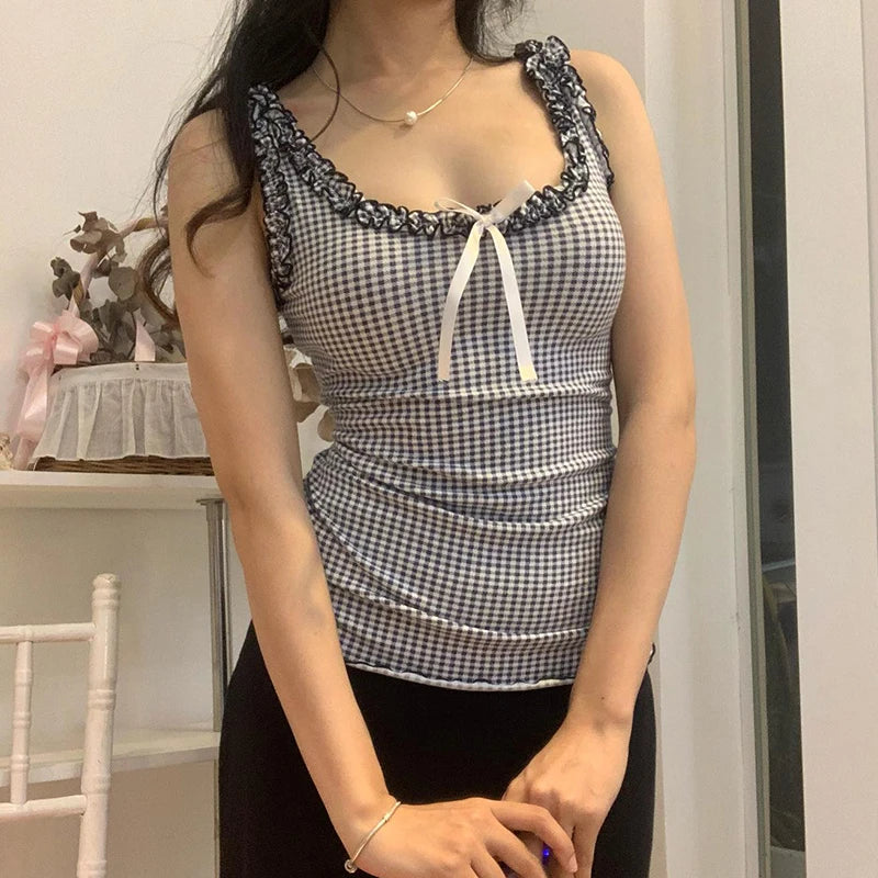 Voguable Y2K Checkerboard Tank Top Ruffle Square Collar Plaid Sleeveless Tops Coquette Aesthetic Contrast Bow Slim-fit Camisole voguable