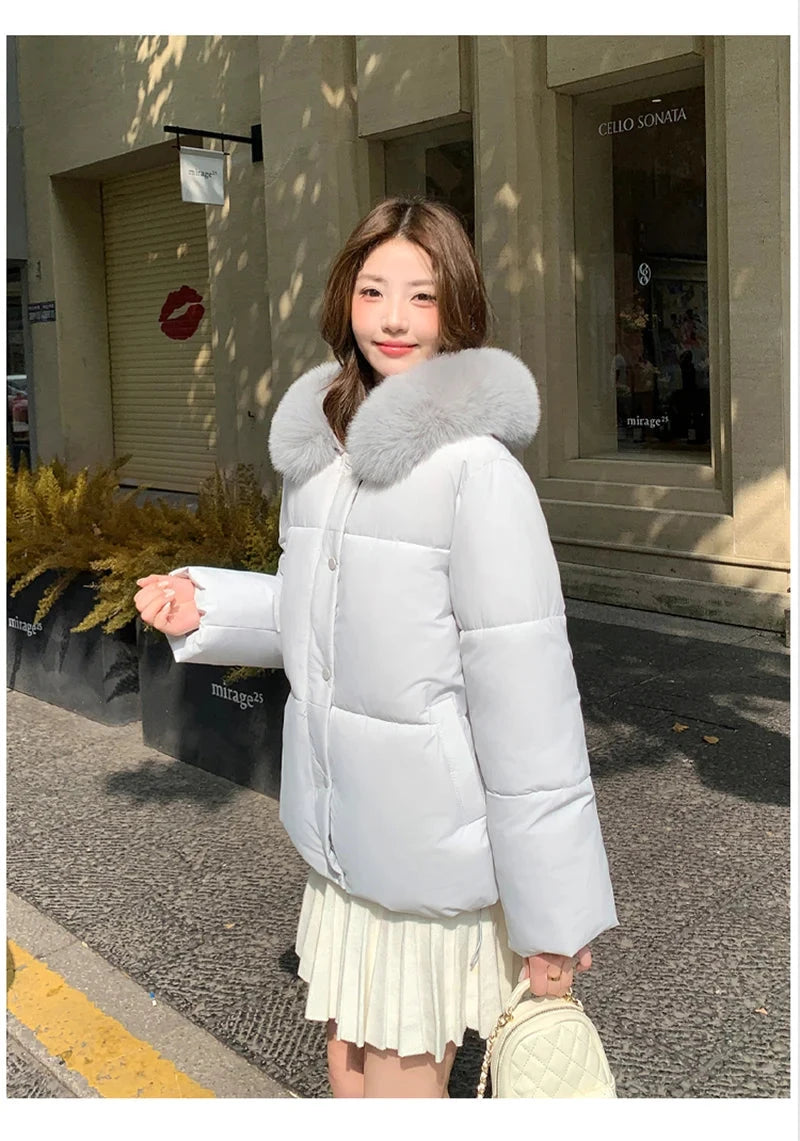 Preppy Style Sweet Parkas Women Cute Long Sleeve Vintage Faux Fox Hooded Cotton Coat Korean Winter Thick Warm New Outwear voguable