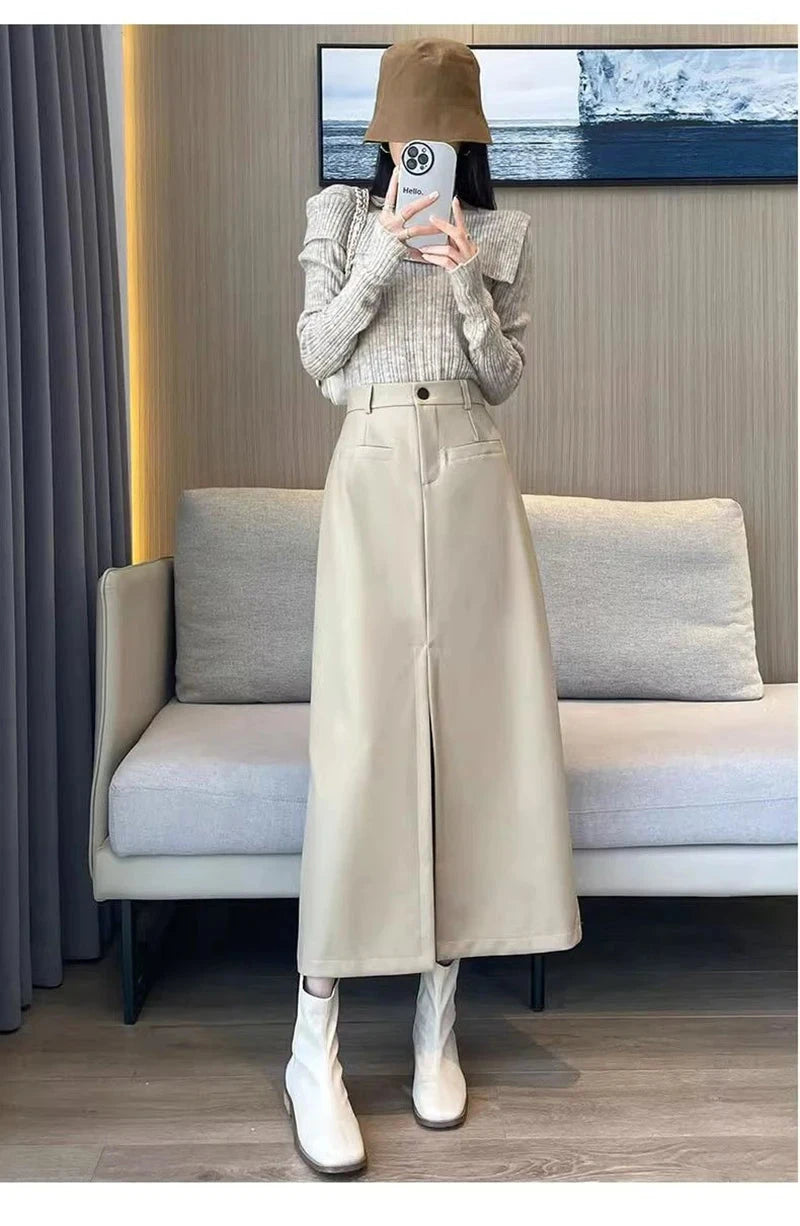 Sexy Slit Pu Long Skirt Women High Waist Slim Vintage Skirts Casual Fall Winter Lady Solid Retro American Streetwear Long Skirt voguable