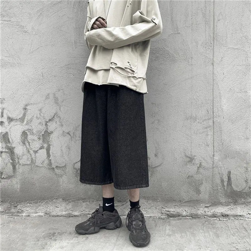 Voguable  Men Loose and Versatile Straight Denim Men's Season Thin Wide-leg Cropped Pants voguable