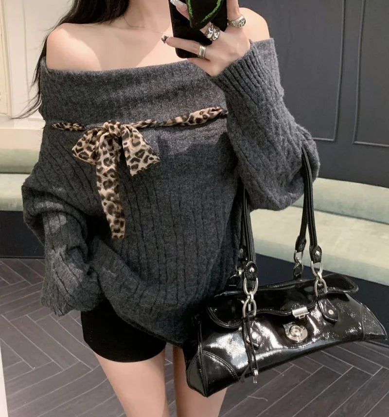 Sexy Off Shoulder Y2K Sweater Women Vintage Leopard Lace Up Knitted Jumper Casual Lazy Wind Long Sleeve Slash Neck Pullover voguable