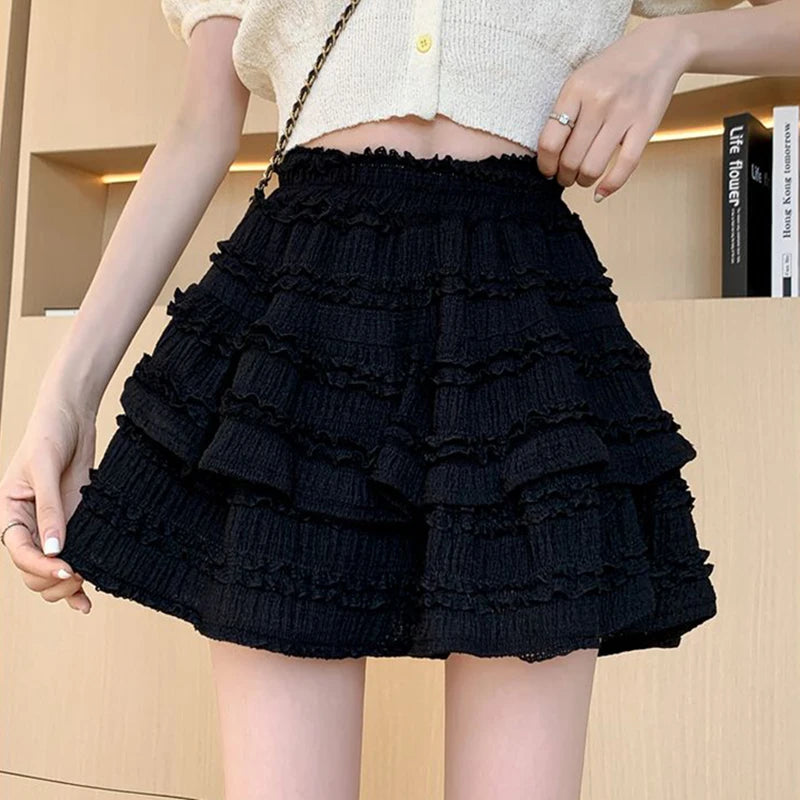 Gidyq Sweet Cute Lace Mini Skirt Women Kawaii White Ruffles Pleated Skirts Summer Korean High Waist Black Casual A Line Skirt voguable