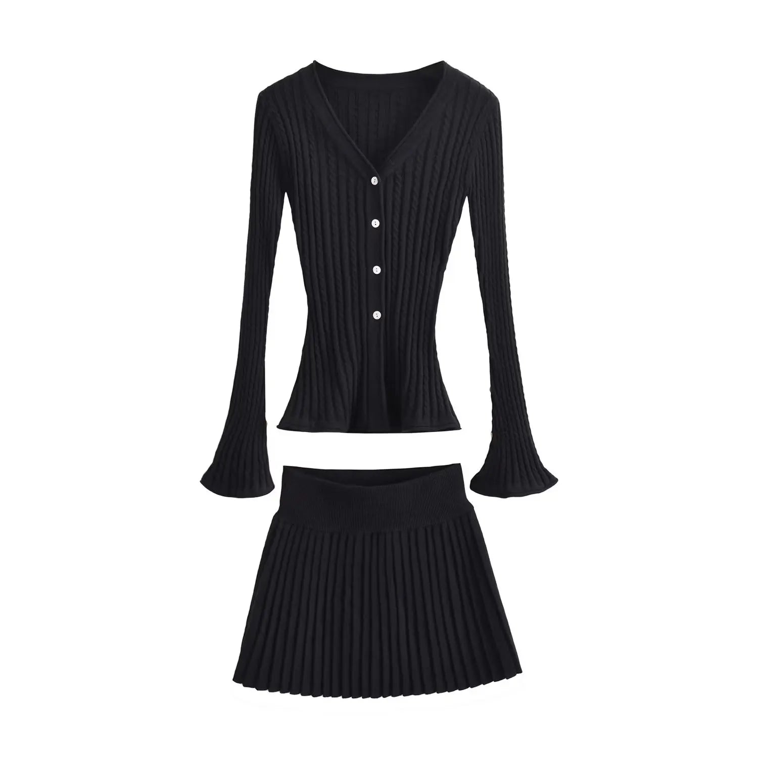 Voguable 4 colors Preppy Style 2 pieces 1 set V neck Twist Knit Cardigan Retro Women Elastic Waist Pleated Mini Skirt Matching Suits voguable