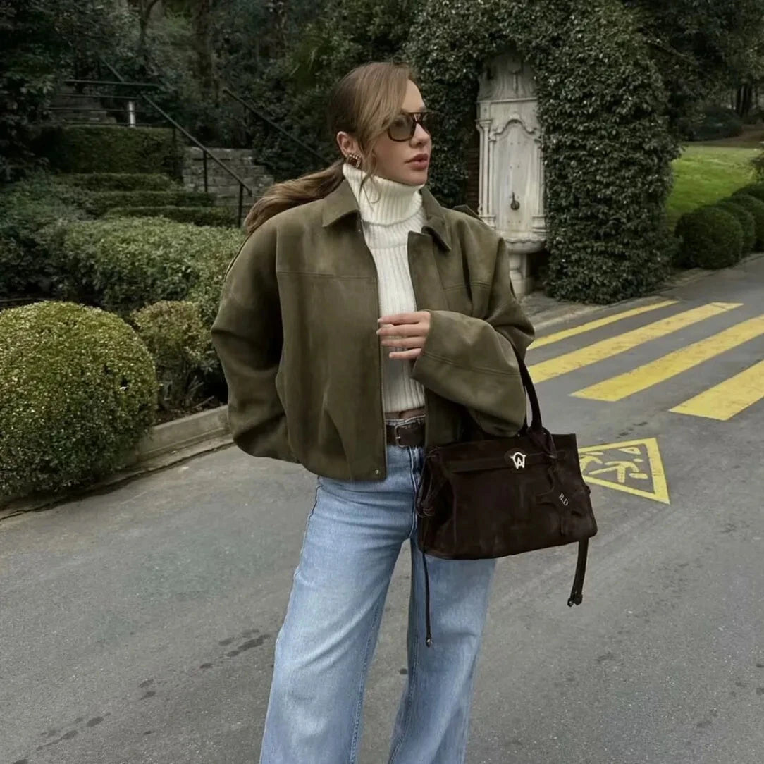 2025 New Fashion Women Green Suede Jacket Spring Lapel Long Sleeve Zipper Oversize Bomber Coat Chic Female High Street Outerwear voguable