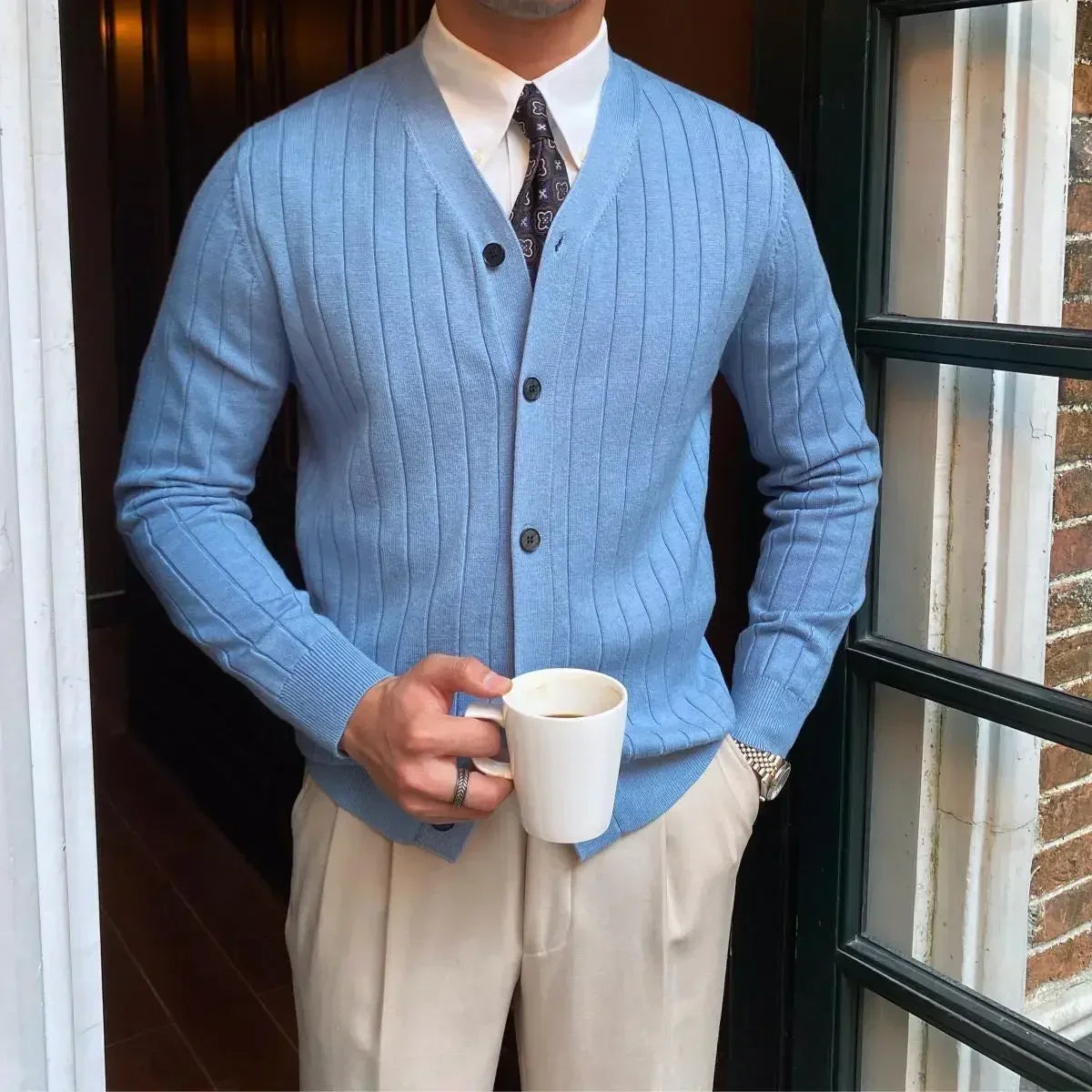 Men's Clothing Solid Color Knit Sweater Male Blue V Neck Plain Slim Fit Business Cardigan Japanese Retro New in Winter 2024 Wool voguable