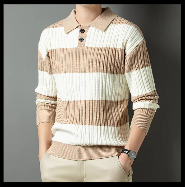 Voguable  Polo Shirt Luxury Men's Pullover Sweater Fashion Thick Warm Sweater Striped Casual T-shirt Men's Top Loose Knitwear voguable