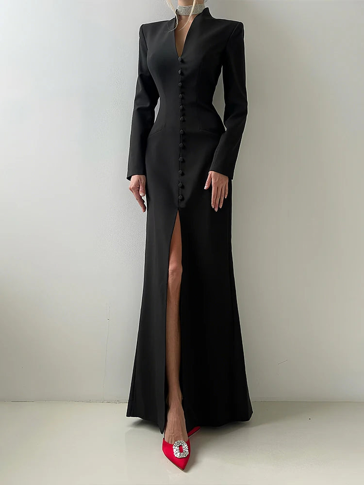Voguable  Single-Button Maxi Dress Women Front Split Full Sleeve v-Neck Elegant Classic Office Streetwear Fashion Slim Vestidos voguable