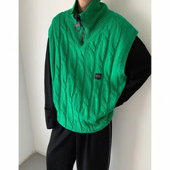 Voguable Autumn Short Sweater Vest Men Fashion Casual Lapel Knit Pullover Men Korean Loose Zipper Sleeveless Sweater Men Jumper Clothes voguable