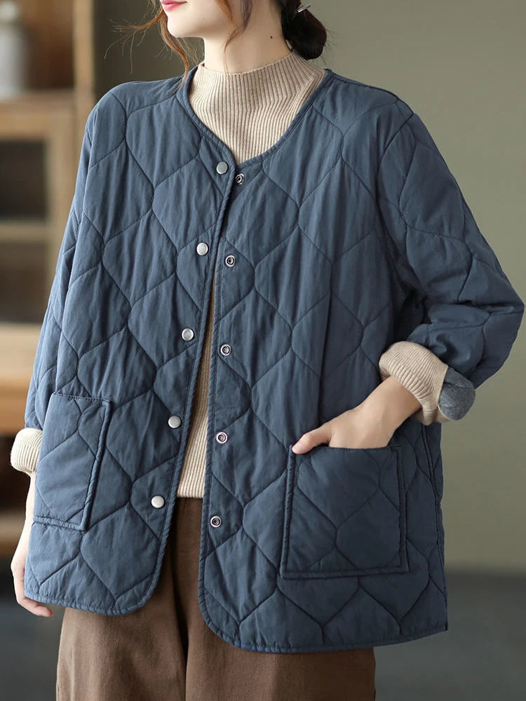 Voguable  Loose Women Short Jacket Cotton Padded Casual O Neck Mom Coats Fall Button Up Solid Thin Parkas Pockets New Korean Clothes voguable